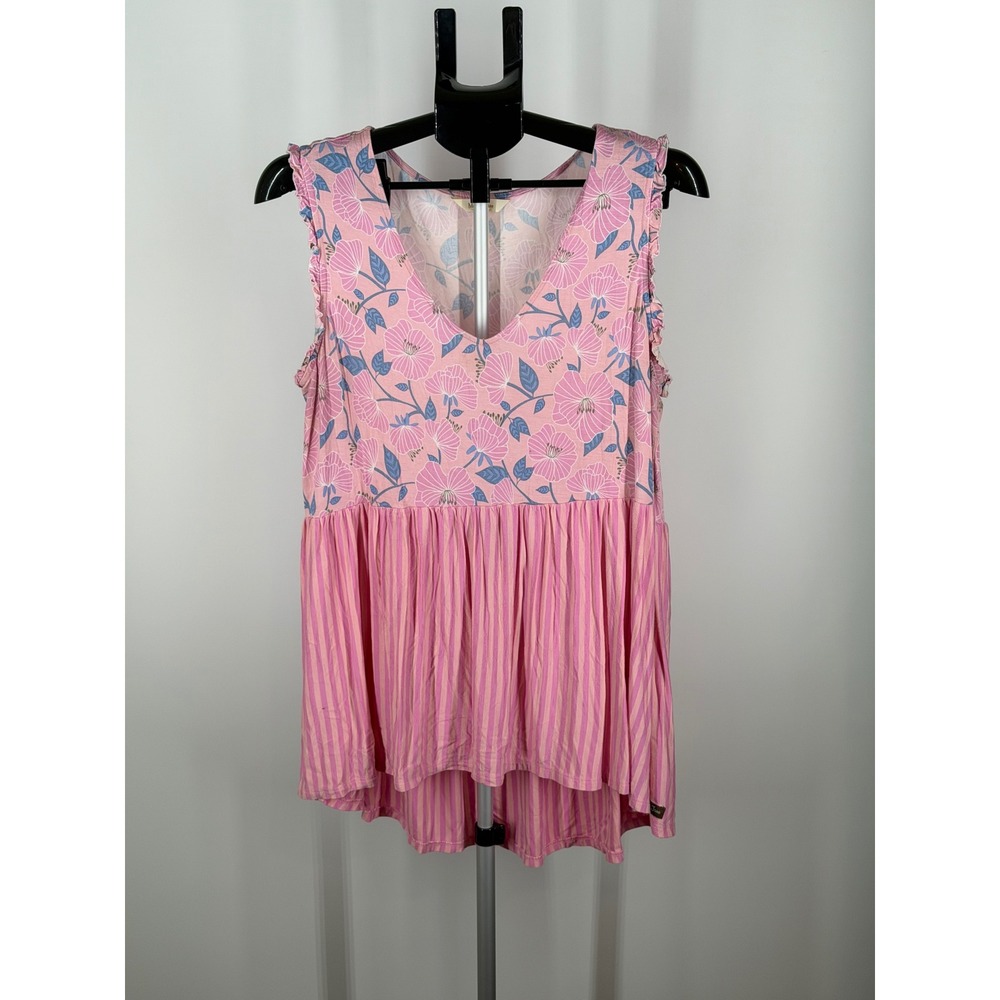Matilda Jane Pink Floral Striped V-Neck Ruffle Sleeveless Babydoll Tunic Top L